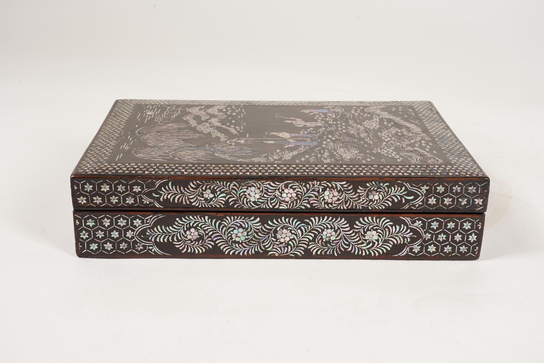 A Chinese Ming mother-of-pearl inlaid lacquer document box and cover, 15th century